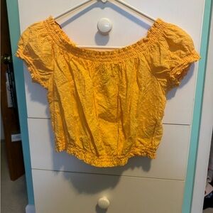 Divided Mustard Off-Shoulder Eyelet Blouse